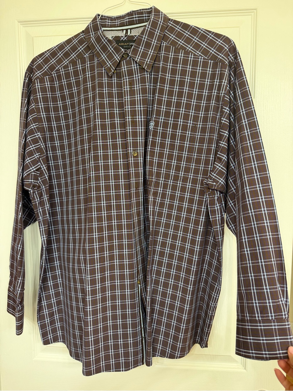 Ariat Brown Plaid Button-Down Dress Shirt with Light Blue Check